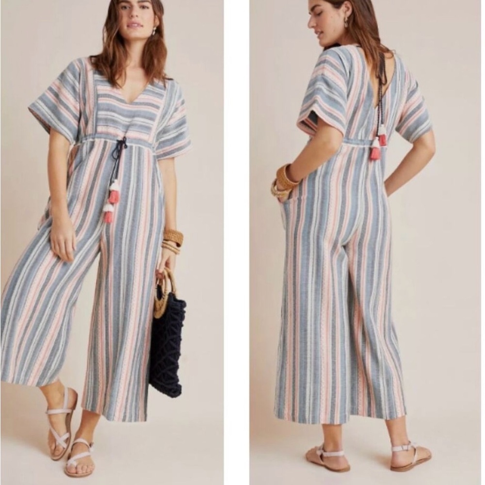 Blue and Pink Striped Wide-Leg Jumpsuit with Tie Waist